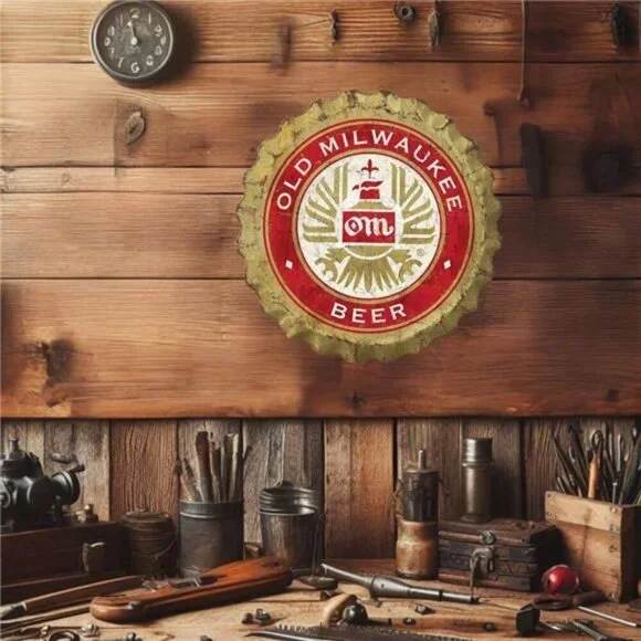 Old Milwaukee Beer Metal Bottle Cap Sign Garage Shop Bar Man Cave Outdoor LARGE - Picture 2 of 5